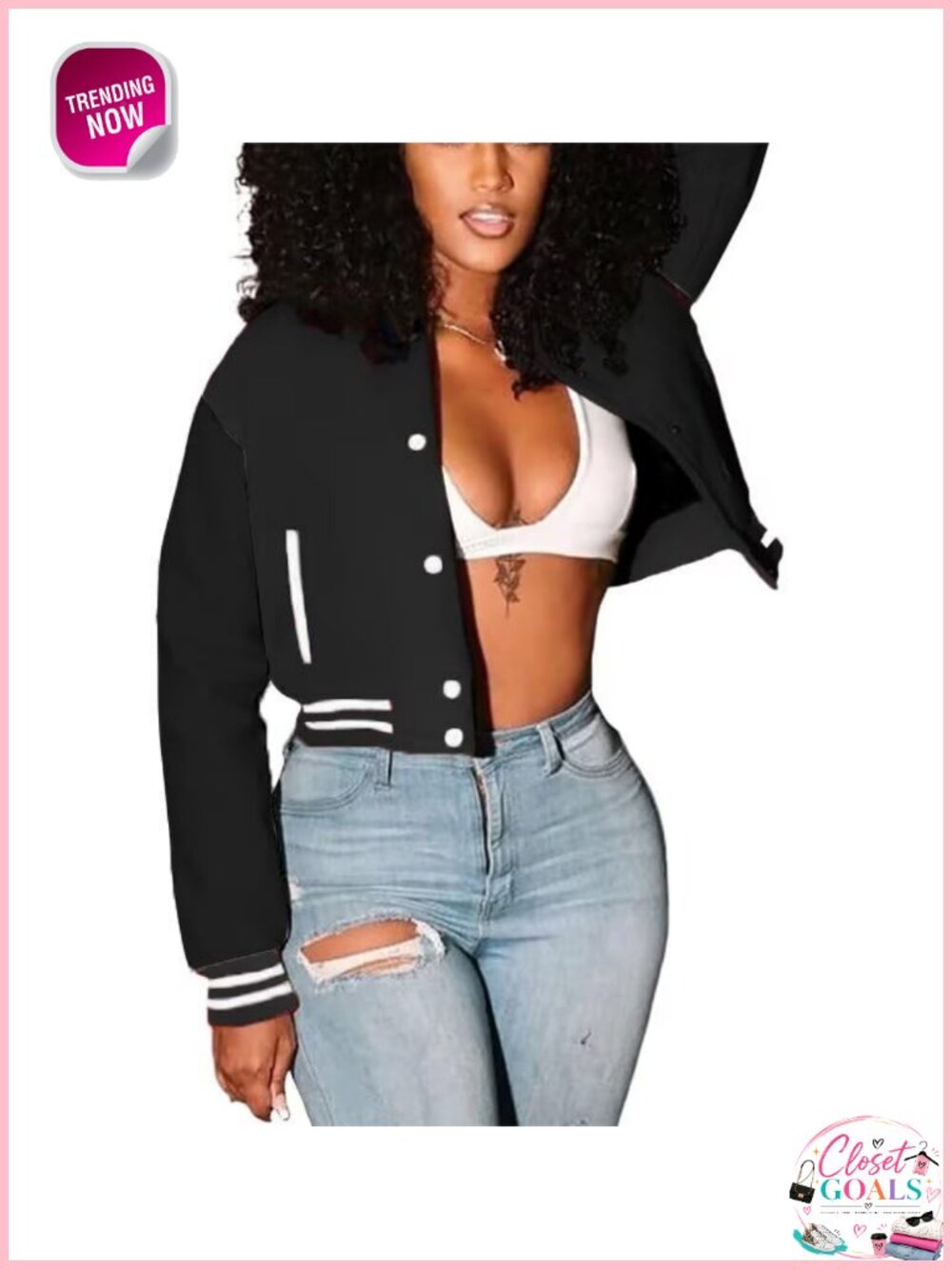 Women's Cropped Button Front Bomber Varsity Jacket Slim Fit Striped Trim